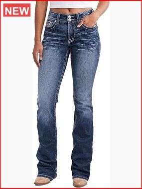 Mid Waist Boot Cut Jeans Tummy Control Stretch Denim Pants